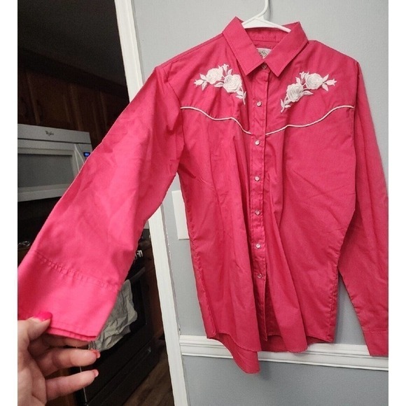 Vintage ELY Country Charmers Women’s Large Western Shirt Pearl Snap Pink Roses - Picture 10 of 10